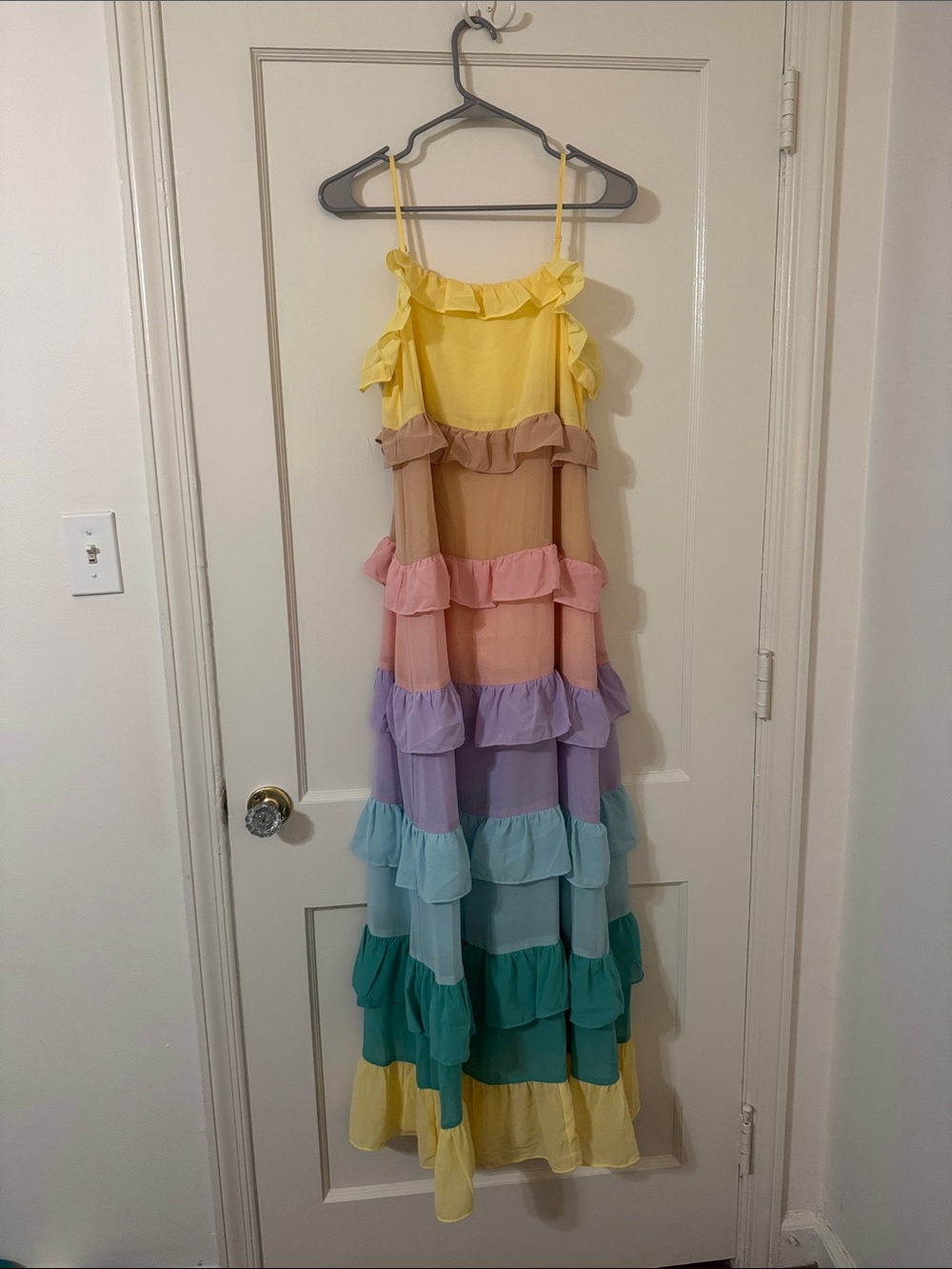 vestique Yellow Multi Ruffle Tiered Maxi Dress